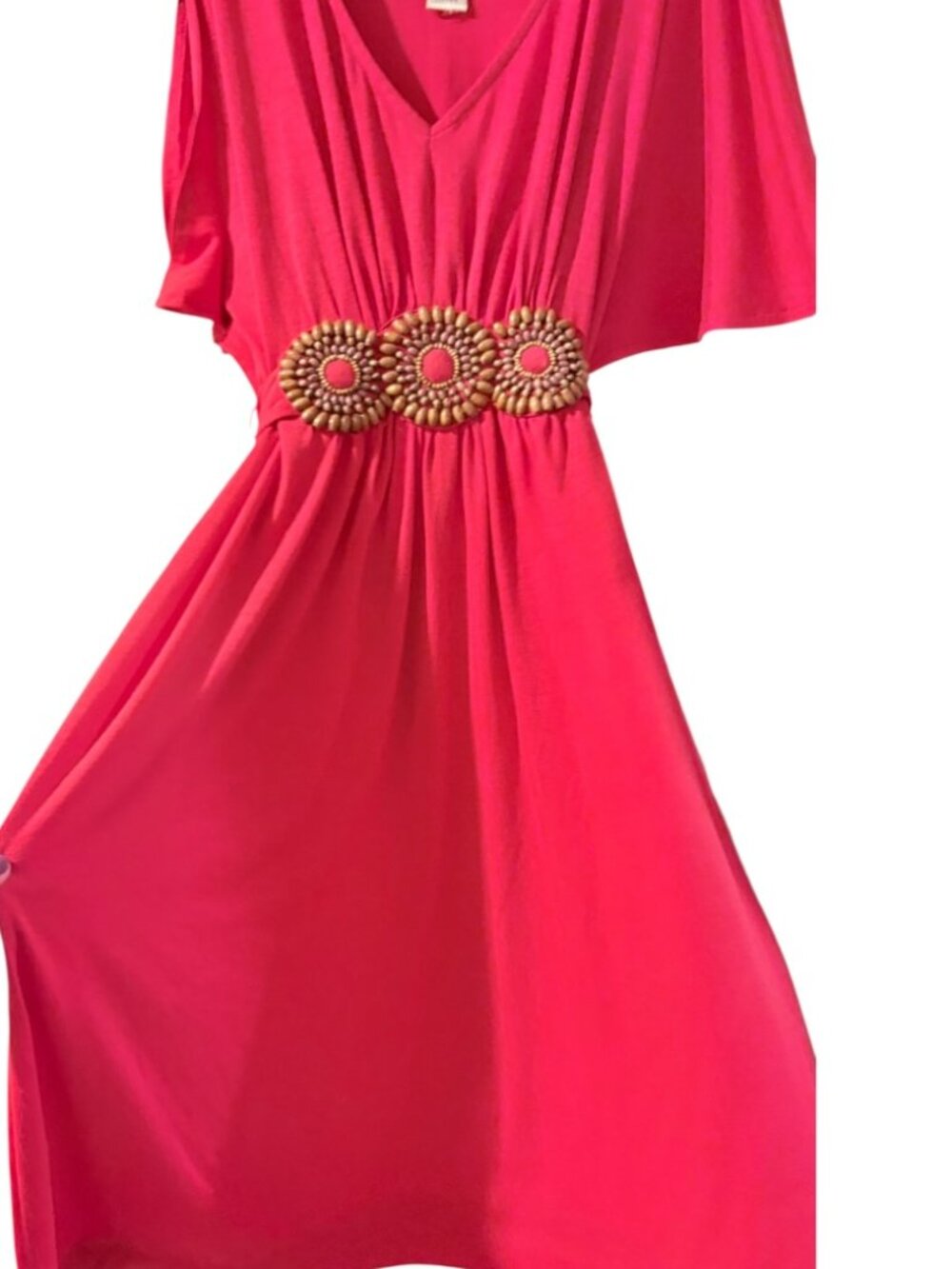 Vintage iCE V-Neck Cold-Shoulder Red Dress Feat. Embroidered Bead Belt